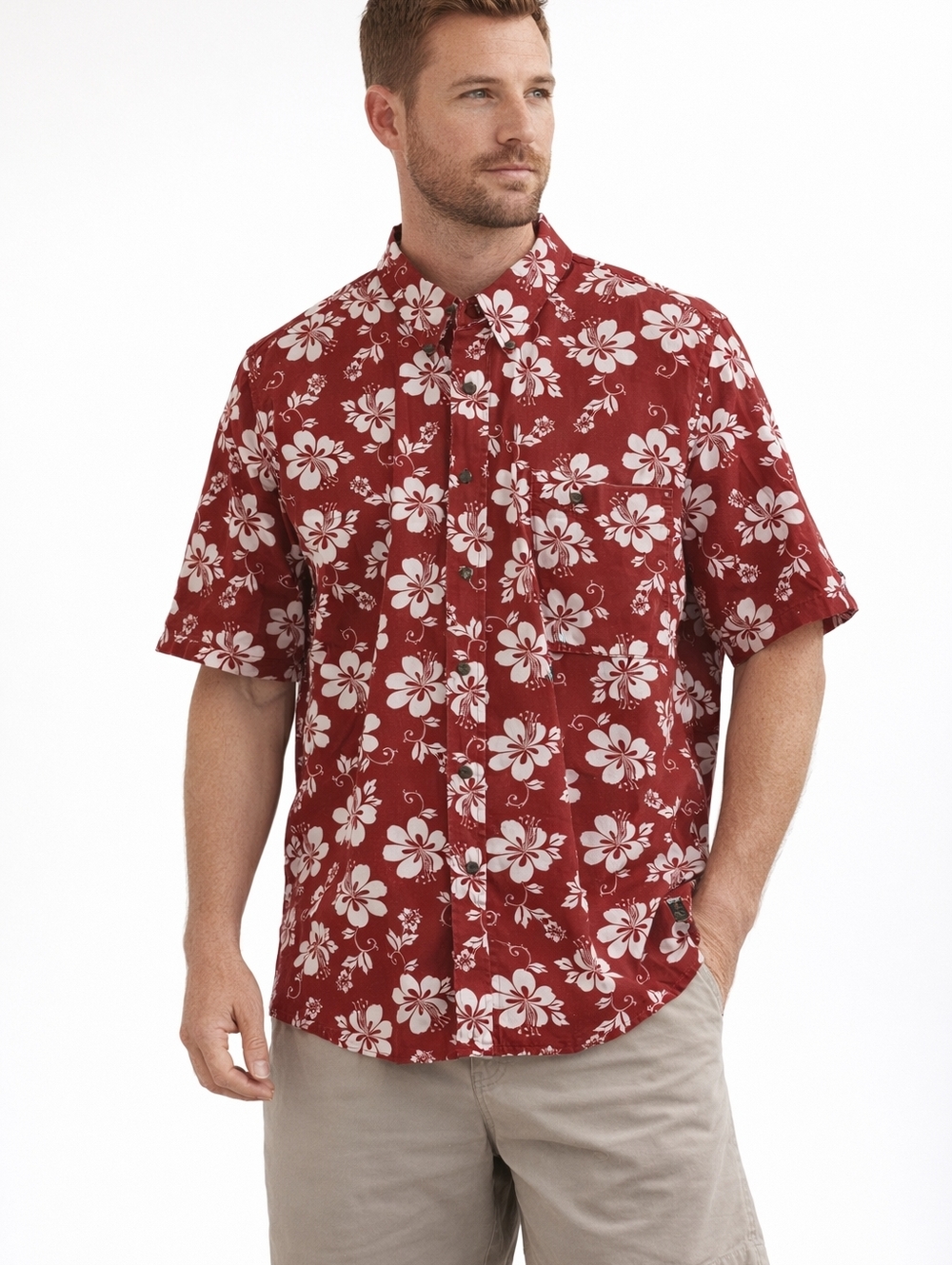 Bugle Boy Hawaiian Shirt Mens 2XL Button Down Red White Floral Short Sleeve